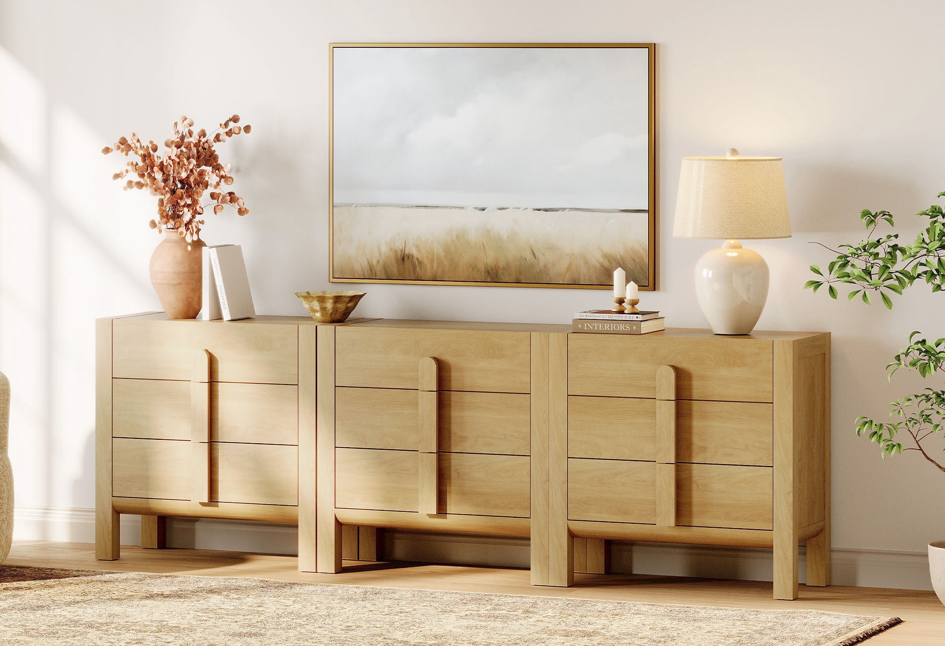 94.5" Mid-Century Modern TV Stand, 3-In-1 Dresser with 9 Drawers, Wooden TV Console with Storage for Living Room,Bedroom