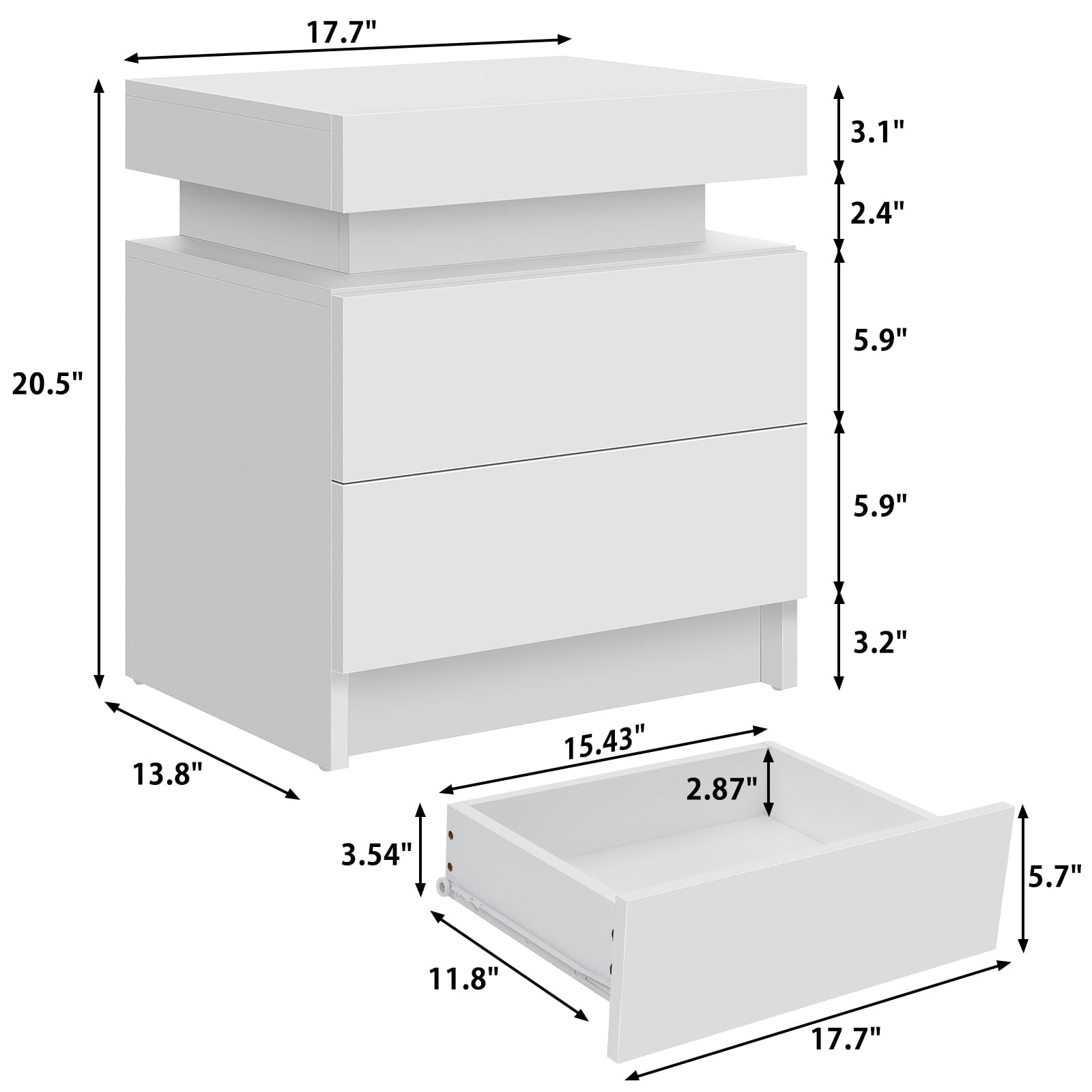 Hommpa 2 Drawer Modern Nightstand with RGB LED Light High Gloss Bedside Tables for Bedroom White