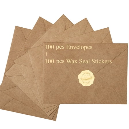 HOHAHO 100 pack Kraft A7 Envelopes, 5.25x7.25 V-Flap Self Adhesive  with Golden Wax Seal Stickers for 5x7 Cards,Perfect for Greeting Invitation Photo