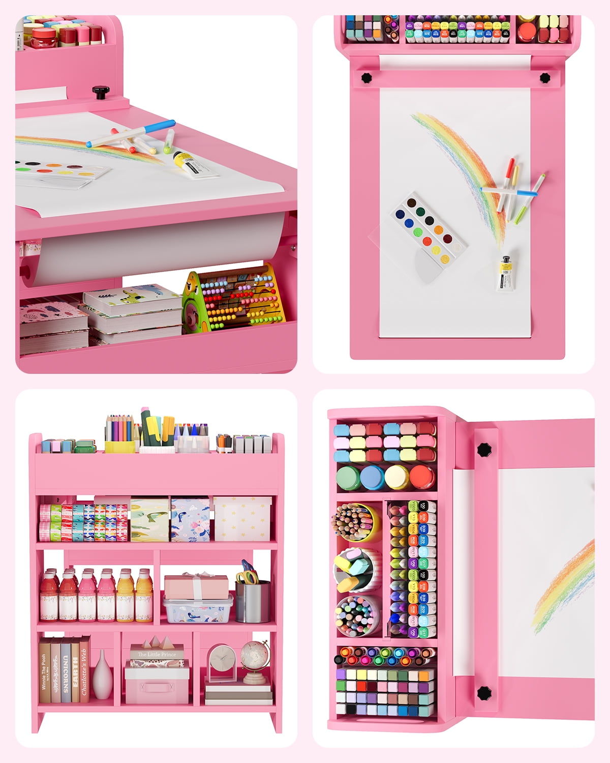 Kids Art Table and Chair Set with Storage Shelves & Paper Roll – Large Wooden Toddler Desk for Drawing, Painting, Learning – Ideal for Home, Playroom, or Study Area – Pink