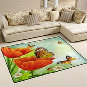 Dreamtimes Red Poppies Butterflies Area Rug, 36"x24" Seasons Red Flowers Floor Carpet Non-Slip Washable Indoor Door Mat for Bedroom Kitchen Entryway Bathroom