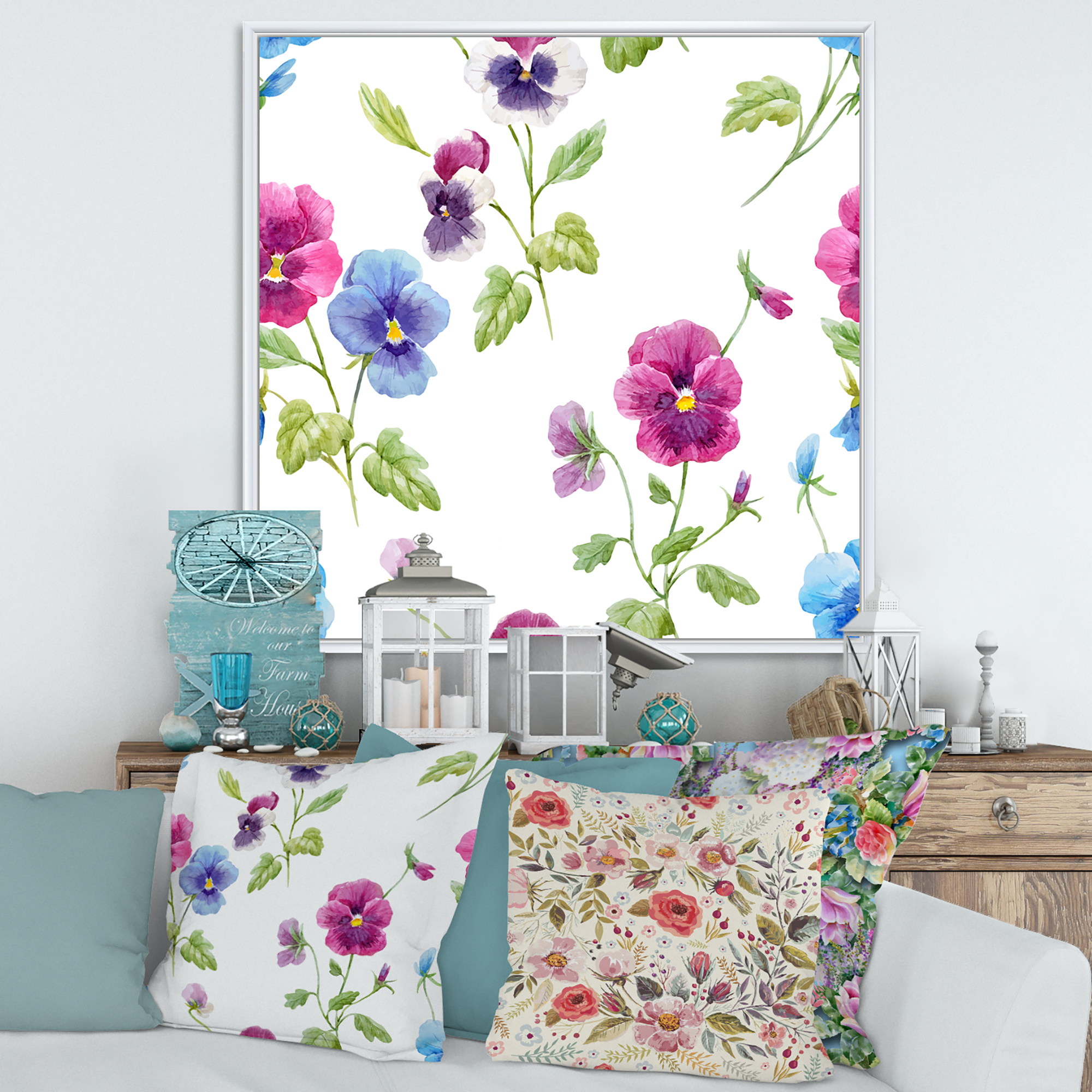 Designart 'Blue and Pink Pansy Flowers II' Traditional Framed Canvas Wall Art Print