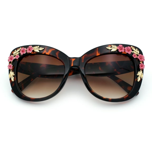 Womens Metal Flower Foliage Jewel Brow Trim Oversize Cat Eye Sunglasses Tortoise - Brown