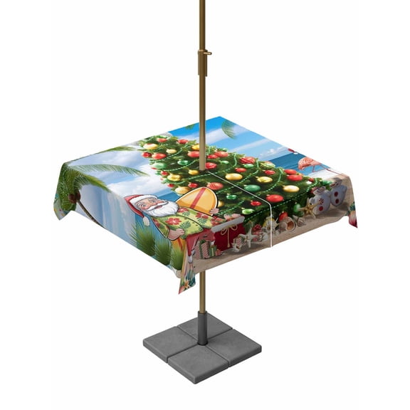 Outdoor Tablecloth with Umbrella Hole and Zipper, Blue Coastal Christmas Square Table Cloth 54x54 Inch Waterproof Tablecloth, Summer Beach Xmas Tree Santa Picnic Table Cover for Patio Camping
