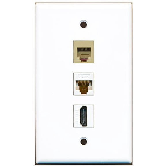 RiteAV - 1 Port HDMI and 1 Port Phone RJ11 RJ12 Beige and 1 Port Cat6 Ethernet White Wall Plate