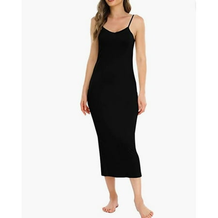 

Women s V-neck Solid Color Thin Strap Suspender Nightdress Mid-length Dress