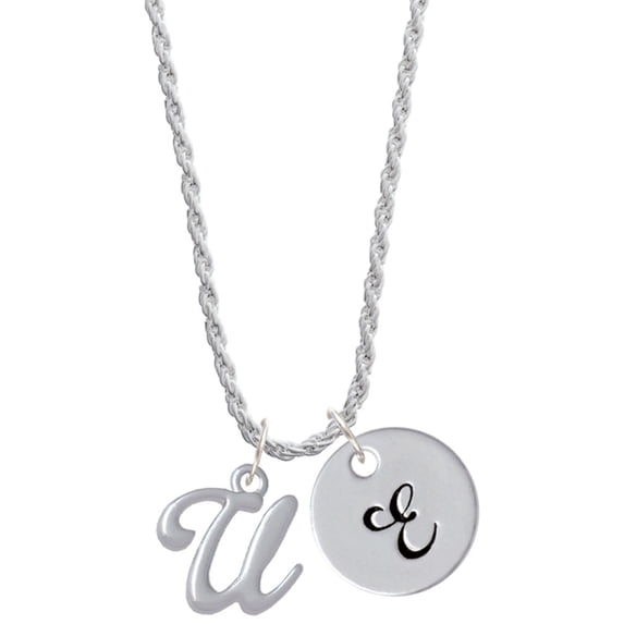 Delight Jewelry Silvertone Small Gelato Script Initial - U - Silvertone Script Initial Disc - E - Charm Necklace, 20"+3"