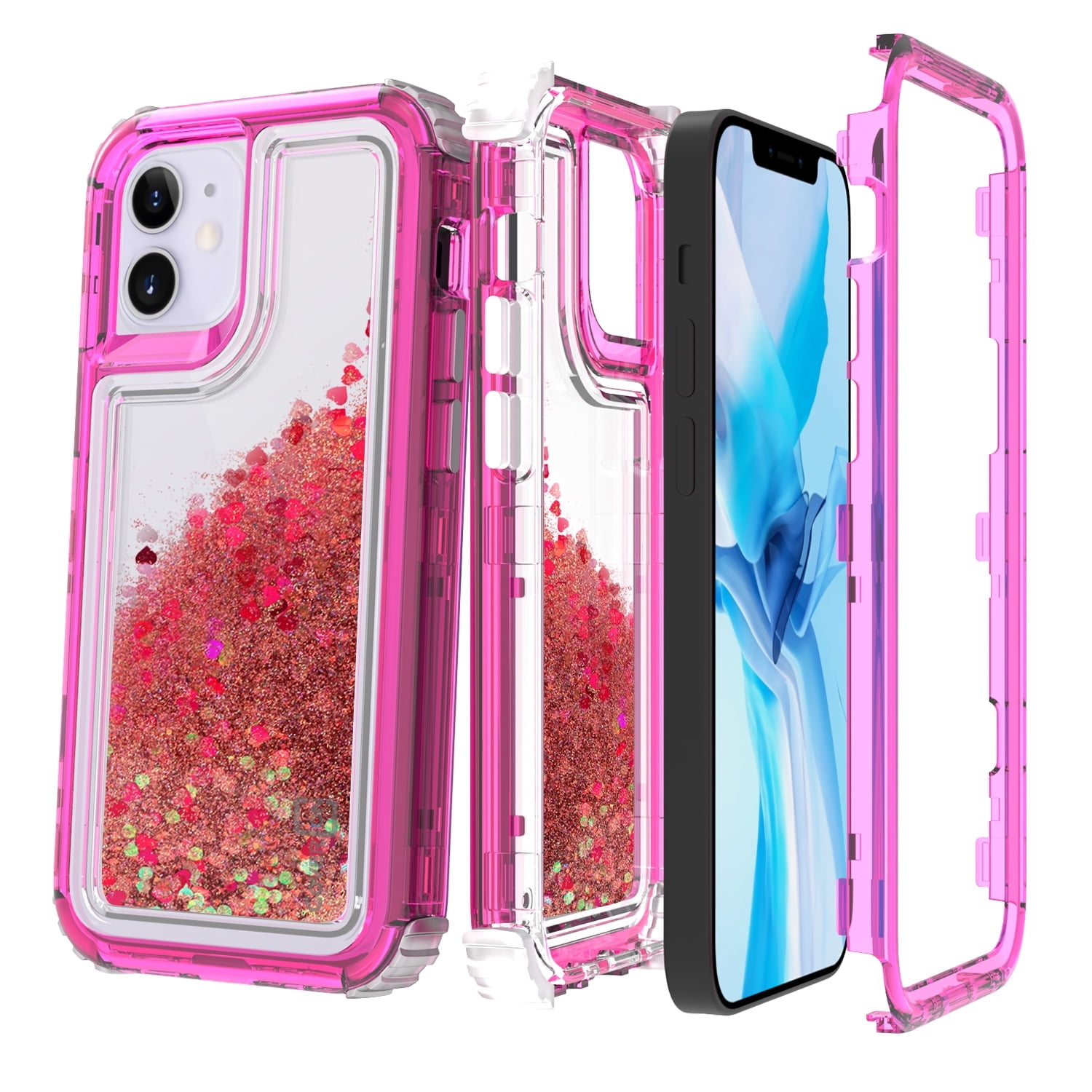 CoverON Apple iPhone 12 Mini Case (5.4"), Liquid Glitter Military Grade Heavy Duty Full Body Clear Bling Quicksand Phone Cover, Hot Pink