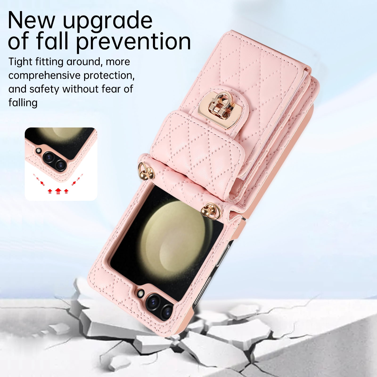 Decase For Samsung Galaxy Z Flip 5 5G Leather Wallet Case, PU Leather Shockproof Case with Crossbody Strap, Back Built in Stand Wallet Credit Card Holder Slots Phone Cover,Pink