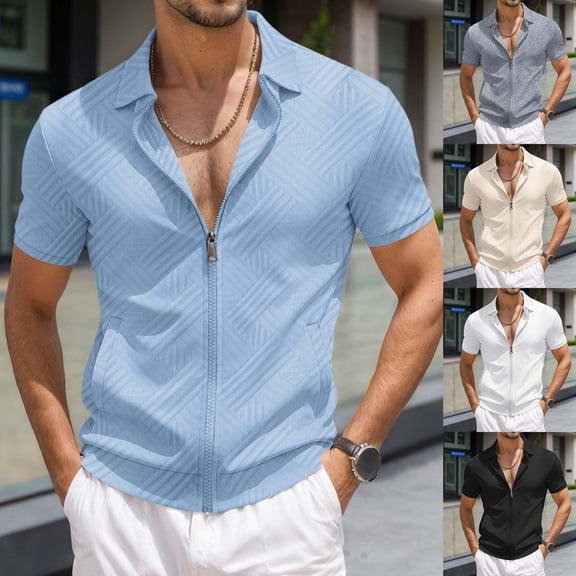 Mens Outdoor Relaxed Fit Polo Shirt Zip Placket T Shirt Jacquard Short Sleeve Top Black L