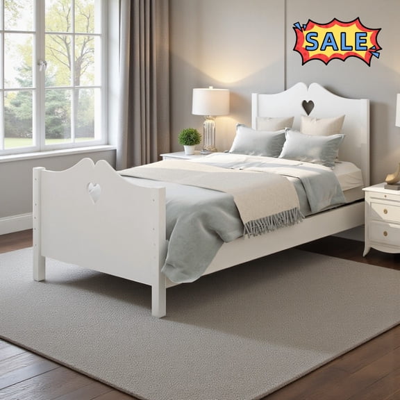 Tcbosik Twin Size Platform Bed, Wood Bed Frame with Headboard and Footboard, No Box Spring Needed, White