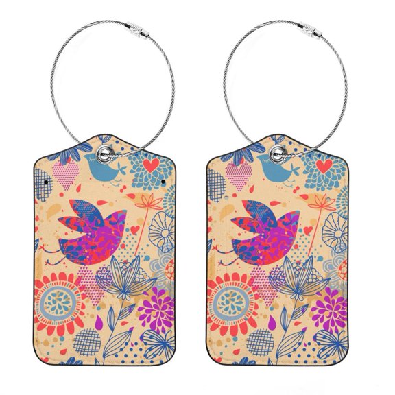 Luggage Tag, Travel Tags, Handbag Tag - Square PU Leather 2 Pack with Privacy Cover and Stainless Steel Ring - Suitable for Travel, Backpack, Handbag [Amazon Approved] Floral with Birds