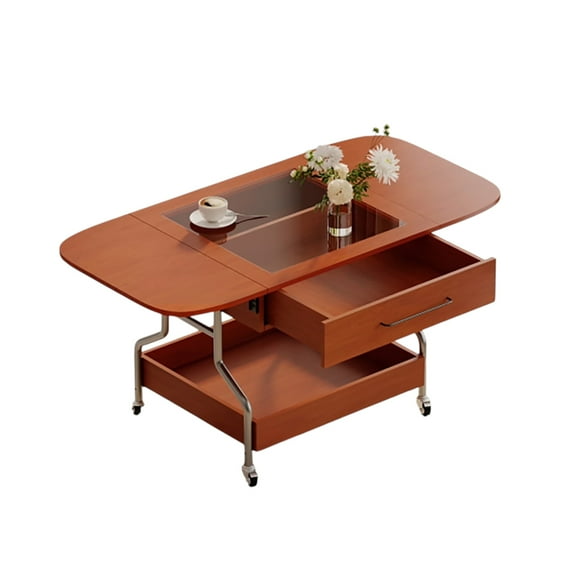 Folding Coffee Table with Drawer, 2-Tier Storage & Wheels - Extendable Modern Table with Metal Frame for Living Room, Small Spaces, Home Office (Brown)