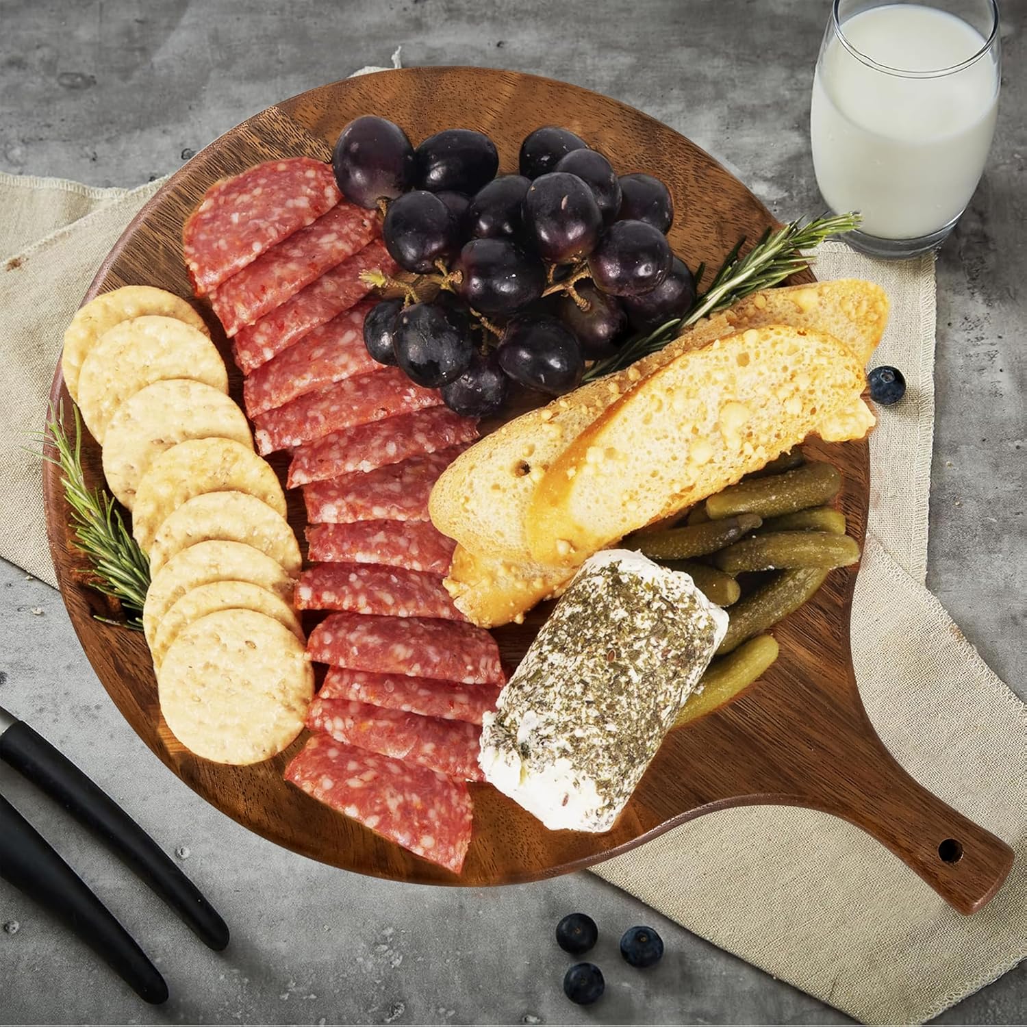 SOFE Walnut Wood Pizza Serving Board, 12" Round Thick Cutting Board with Handle, Decorative Wooden Chopping Boards for Kitchen, Cheese/Charcuterie Board for Bread, Vegetables, Fruit, Meat