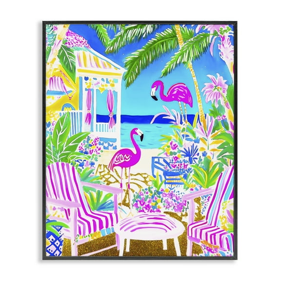 Stupell Industries Vivid Flamingos on Tropical Beach Landscape & Nature Painting Black Framed Art Print Wall Art, 11 x 14