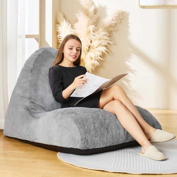 Bean Bag Chair Sofa Memory Foam Pre-Filled Bean Bag Chairs Stuffed Beanbag Sofa Lazy Bean Bag Sofa for Adults, Bean Bag Couch for Gaming, Reading & Relaxing(Faux Fur, Light Grey)