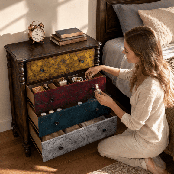 HAOMINS Dresser for Bedroom, Farmhouse 4 Drawer Chest of Drawers, Colorful Wood Storage Organizer for Bedroom, Hallway, Entryway