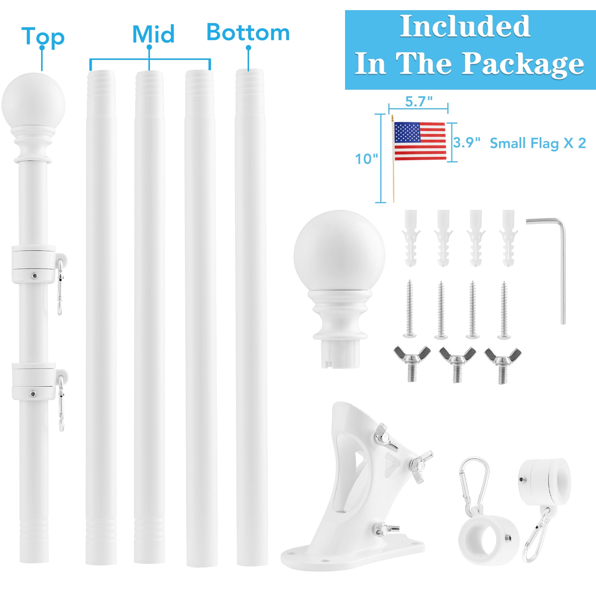 Widyana Metal Flag Pole 6Ft, Include a 3x5Ft US Flag, a Holder, Two No-Tangle Rings, 1 Set, White