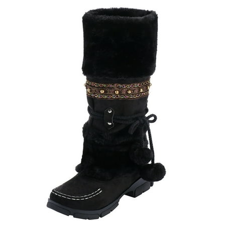

Boots for Women Warm High Toe Snow Round Heels Retro Keep Middle Hairball Ies Slipon Boots
