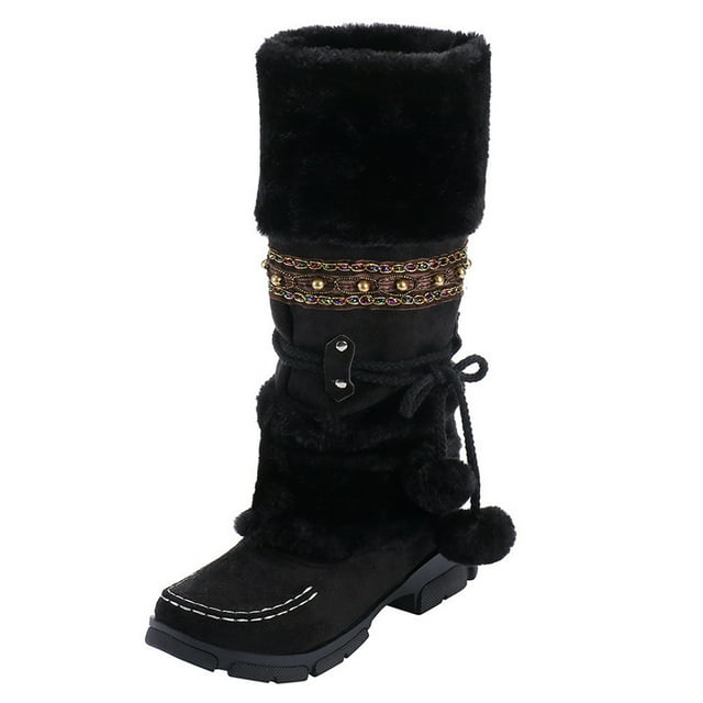 Bottes d'Hiver pour Femmes Chaudes à Bout Haut Rétro à Talons Ronds Bottillons à Pompon Mi-Hauteur - à Enfiler pour un Confort Stylé par Temps Froid