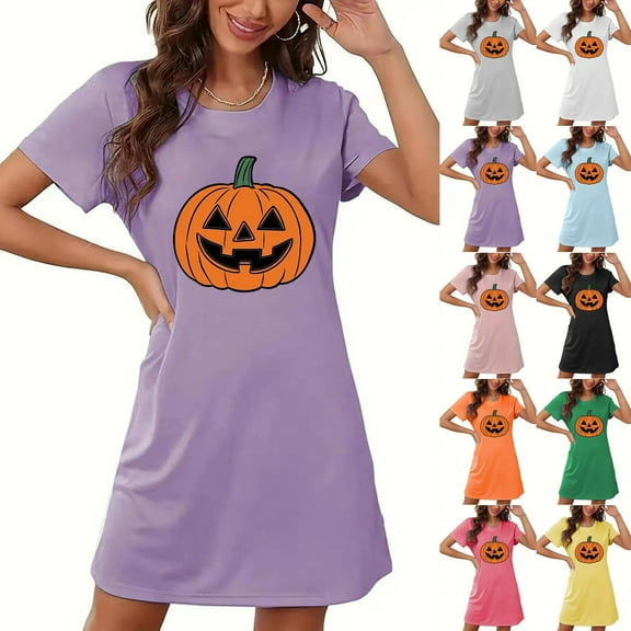 Oksale Cute Pumpkin Graphic Nightgowns for Women Short Sleeve Night Gown Halloween Shirt Sleep Dress Casual Crewneck Short Loungewear Soft Cooling Comfy Pajama 2025 Black S