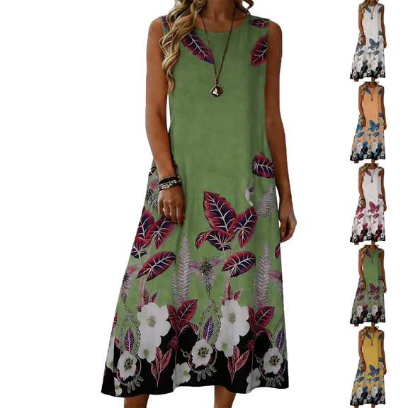 Lenago Dresses for Women Fashion Printed Loose Linen Dress With Round Neck and Patch Pockets Summer Vacation Beach Sundresses Maxi Dress