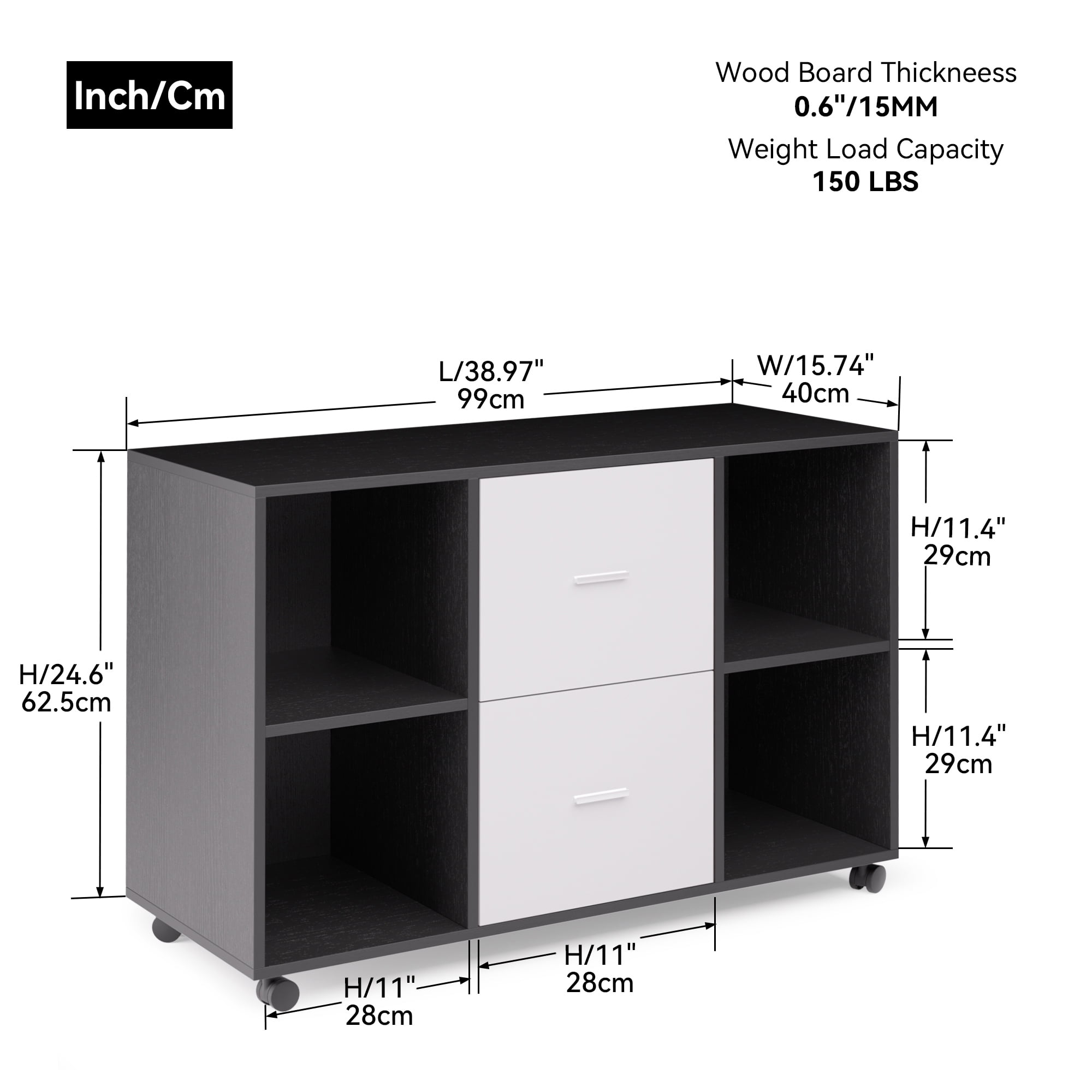 Resenkos File Cabinet 2 Drawers Wooden Lateral Filling Cabinet with Lock Mobile for Home Office Printer Stand with 4 Open Storage Shelves,Black Oak Light Gray