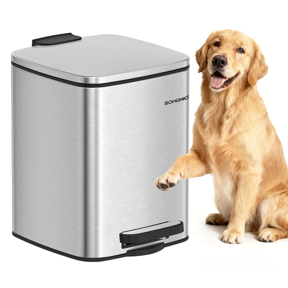 SONGMICS Dog Poop Trash Can, 1.6-Gallon (6 L) Outdoor Garbage Can with Lid, Soft Close, Stainless Steel with Inner Bucket, Metallic Silver