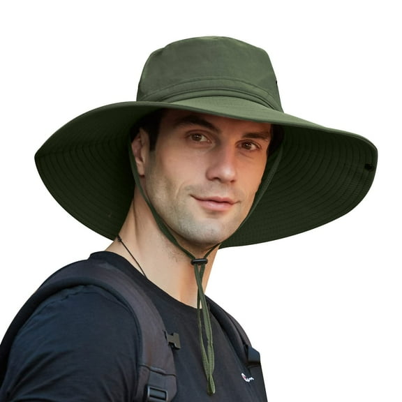 Sun Hats for Men, Wide Brim Sun Block Windproof Adjustable Rope Cap, UPF 50  UV Protection Waterproof Hat, Two Wearing Styles for Fishing Hiking Safari Outdoor, Army Green