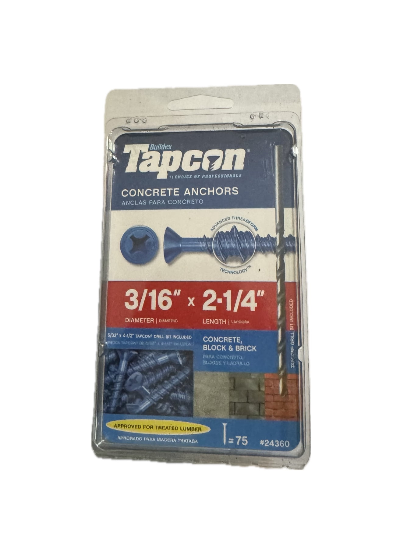Six (6) ITW BRANDS Tapcon 3/16 x 2-1/4-Inch Concrete Anchors with Phillips Flat Head 24360, 75 each Package x 6 Packages Total 450 concrete anchors