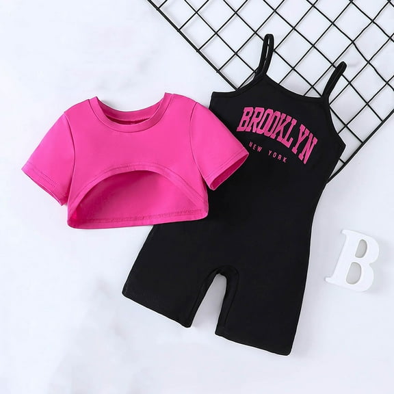 Girls Outfits Solid Short Sleeve Crew Neck Cropped Top With Letter Print Overalls Summer Baby Girl Clothes Red 18-24 Months