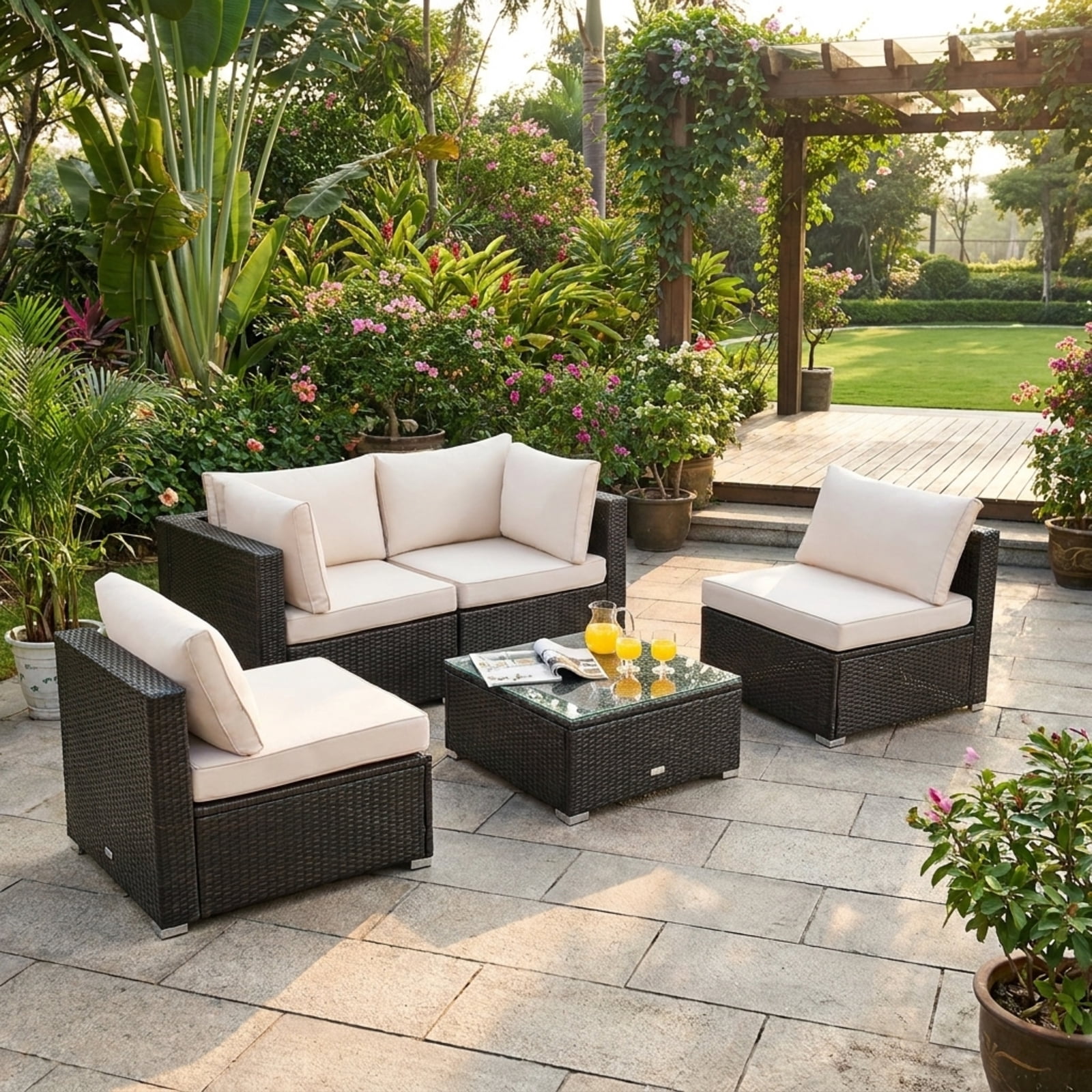 Biotree Patio Furniture Set 5 Pieces Cushioned Rattan Outdoor Sectional Conversation Set with Glass Coffee Table for Garden Backyard Porch, White