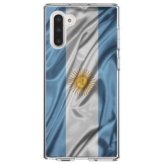 DistinctInk Clear Shockproof Hybrid Case for Samsung Galaxy Note 10 (6.3" Screen) - TPU Bumper, Acrylic Back, Tempered Glass Screen Protector - Argentina Waving Flag