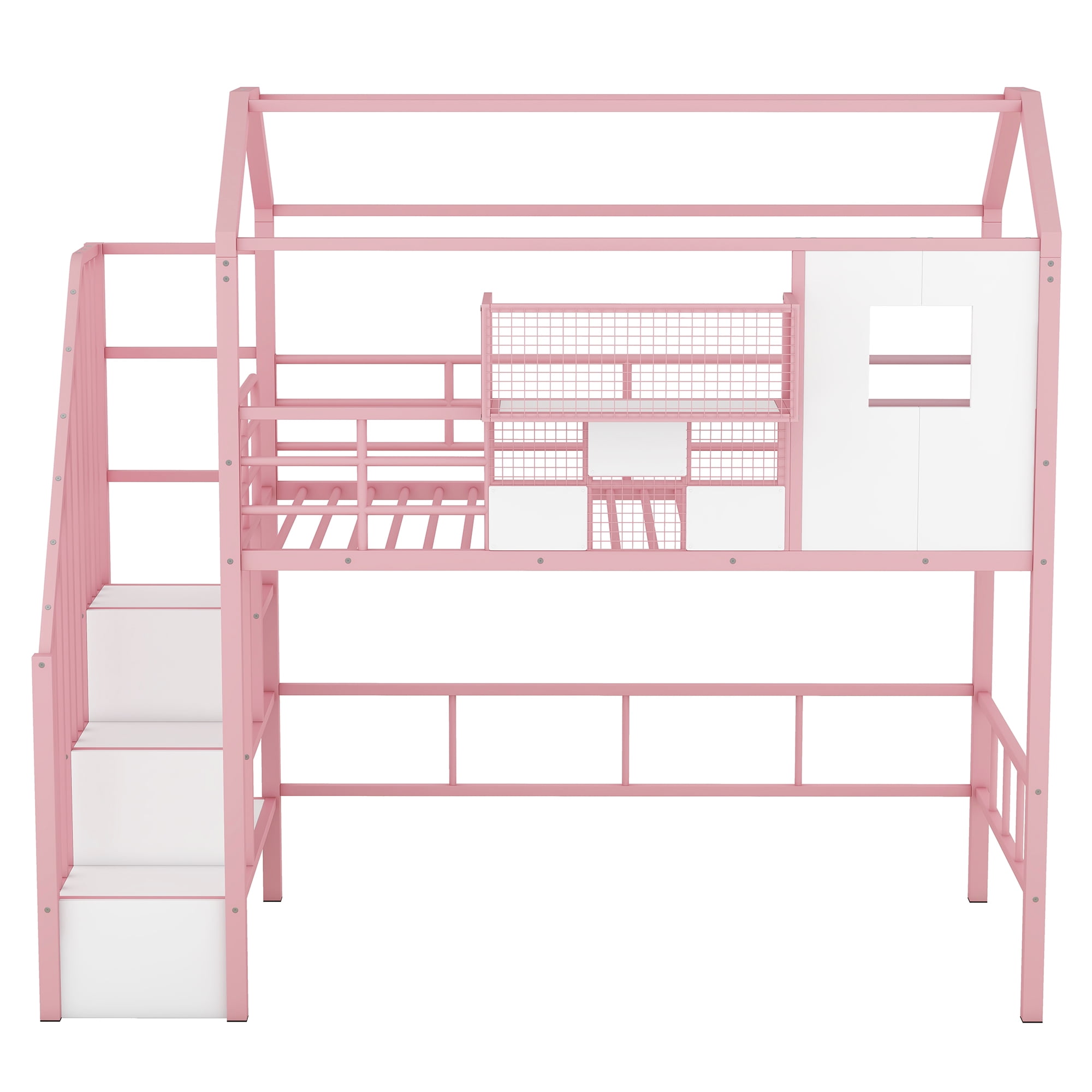 Yoneston Twin Size Loft Bed with Stairs and Storage Box, Heavy Duty Metal Loft Bed with Roof Design for Kids Teens, Pink