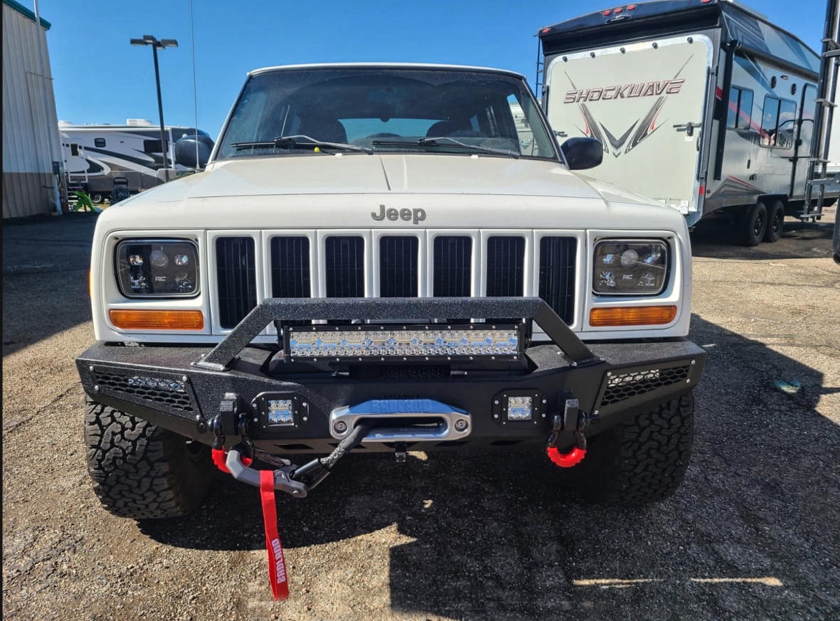 Vijay Compatible with 1984-2001 Jeep Cherokee XJ Front Bumper Textured Black Steel with Light and D-ring