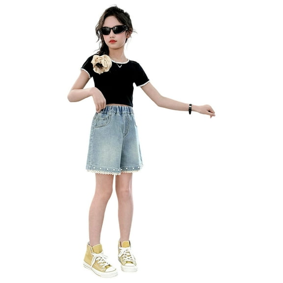 Gelikeya Kids Denim Shorts for Girls High Waisted Jean Shorts Summer Outdoor Clothes Girl's Fashion Jorts #02 Blue, 13-14 Years