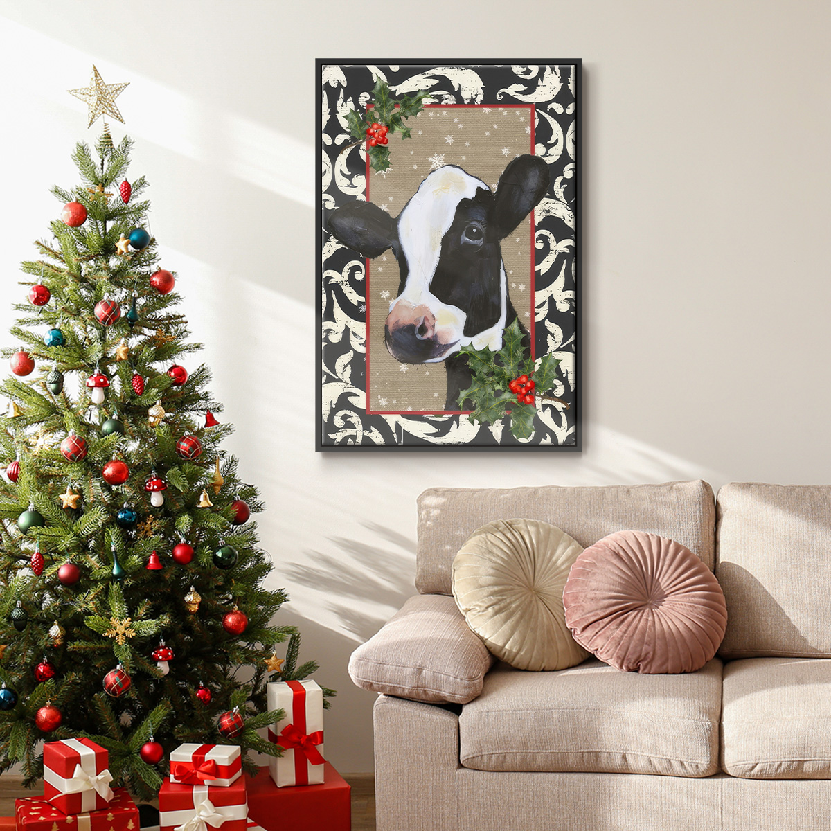 County Christmas Farm I - Framed Gallery Wrapped Holiday Canvas - 27 x 41 - Black Frame