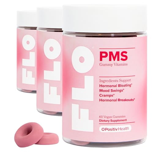 Gomitas O Positiv FLO PMS para mujeres, 30 porciones (paquete de 3) - Alivio proactivo del síndrome premenstrual - Se enfoca en brotes hormonales, hinchazón, calambres y cambios de humor con sauzgatil