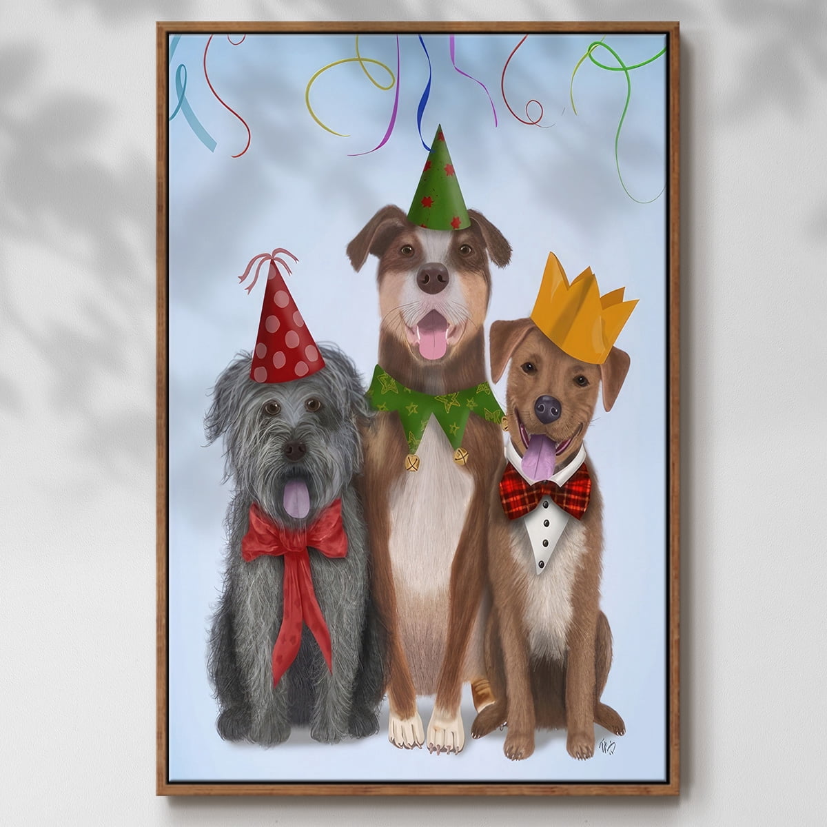 Christmas Party Mutts - Framed Gallery Wrapped Holiday Canvas - 27 x 41 - Rosewood Frame