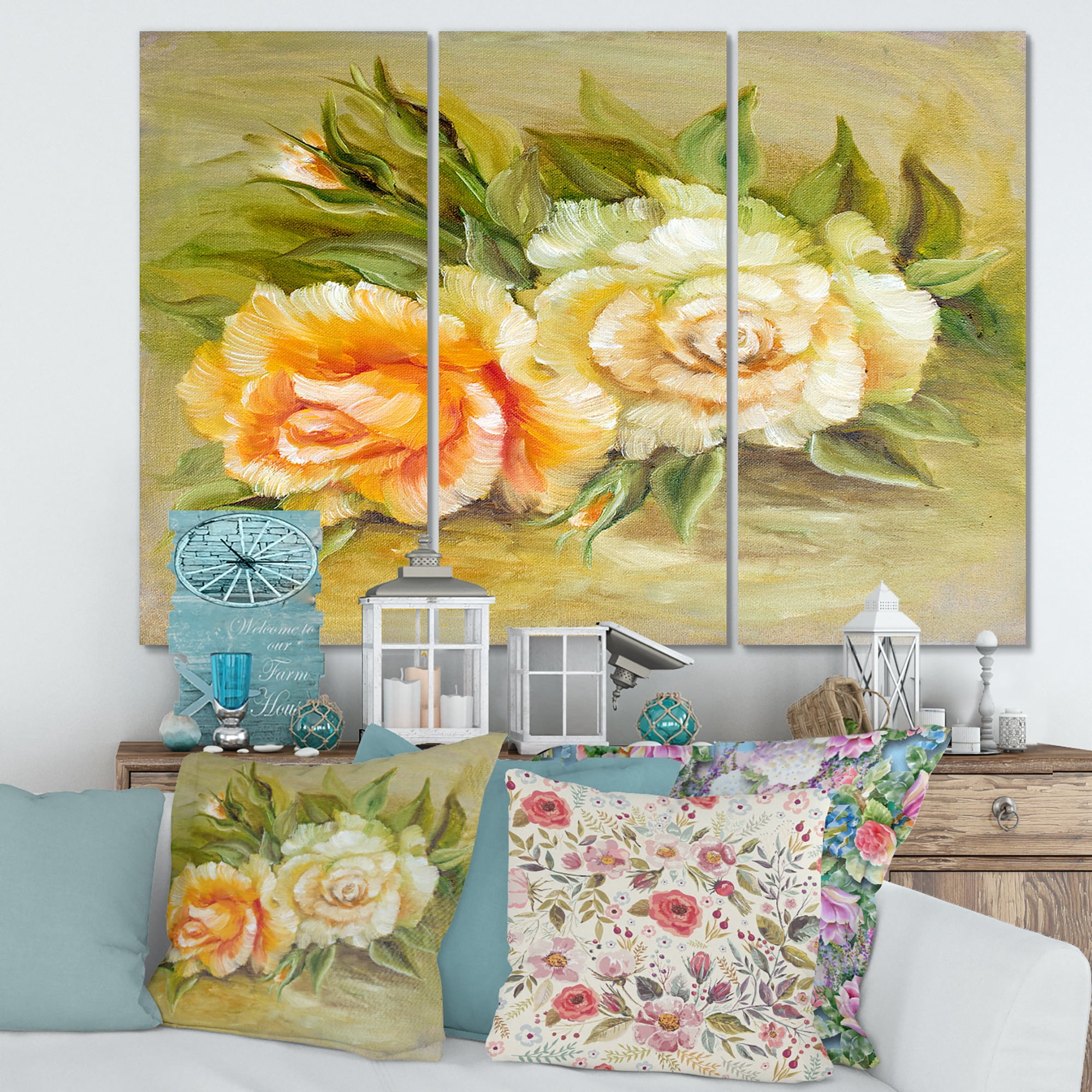 Designart ' Vintage Yellow and White Roses ' Traditional Canvas Wall Art Print
