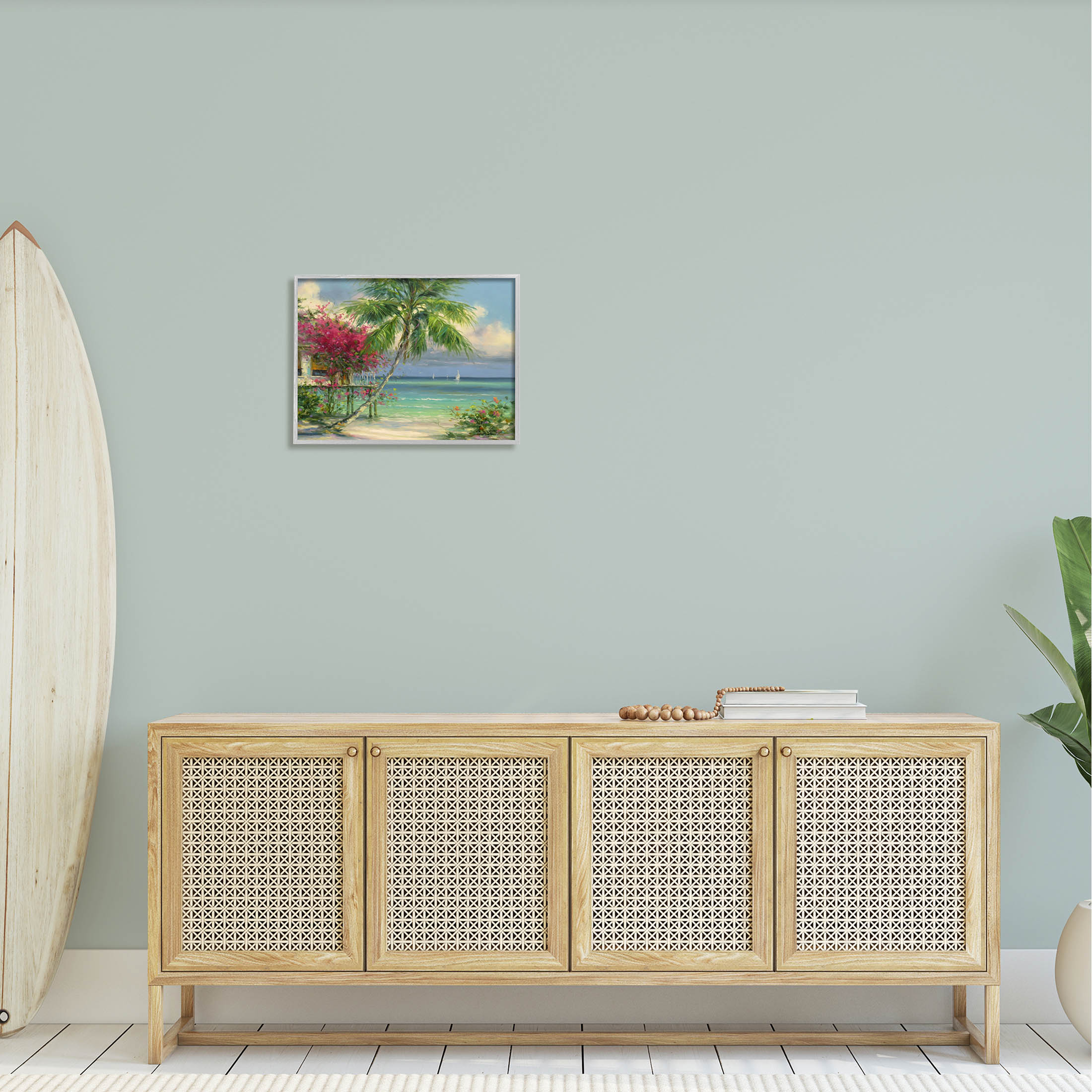 Floral Tropical Summer Vacation Resort Landscape Painting Gray Framed Art Print Wall Art