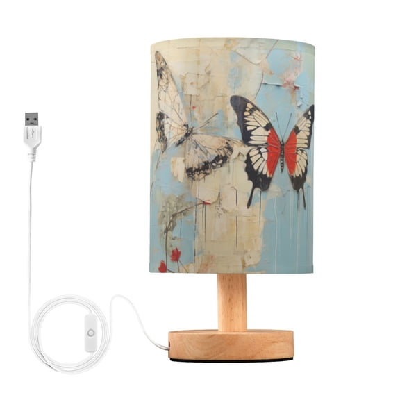 Butterflies Wall Table Lamp USB Bedside Desk Nightstand Lamp Printed Gifts Small Lamp Wood Base for Bedroom Living Room Kids Room College Dorm