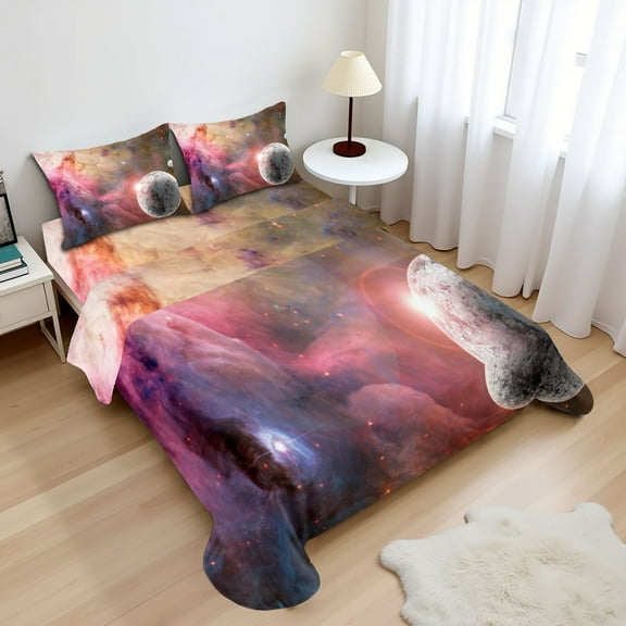 Ambesonne Pink Fitted & Top Sheet Set with Shams, Frozen Planet Nebula, Pink
