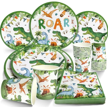 96Pcs Dinosaur Birthday Party Supplies -24 Guest Dino Plates Cups and Napkins For Boys Kids three rex Birthday decorations Baby Shower
