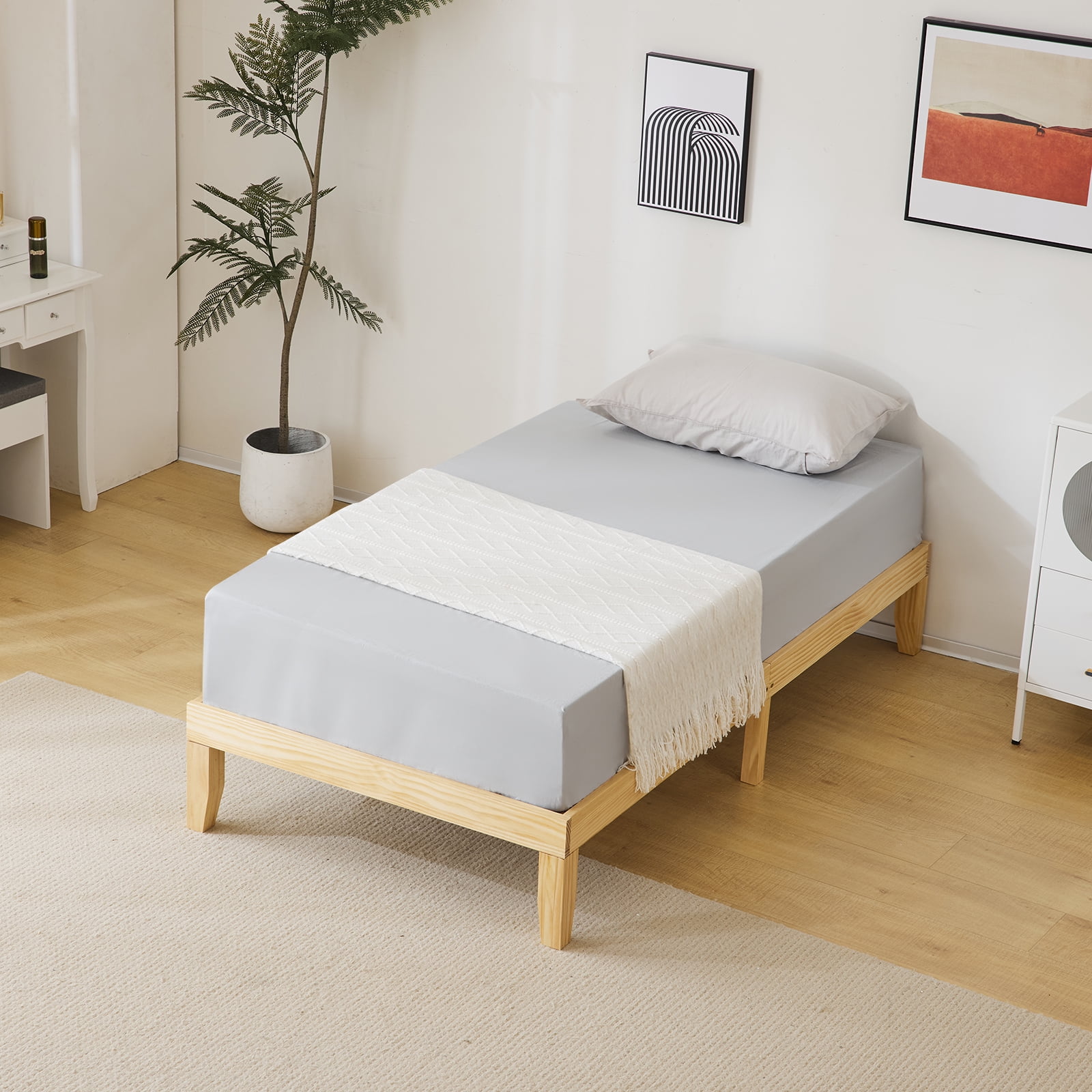 Twin Basic Bed Frame Pine Wood Painted Surface Bed Single Bed, 74.41*37.99*12in Wood