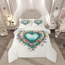Manfei Vintage Cyan Love Heart Full Size Comforter Sets, Western Rustic Flower Bedding Comforter Set, Teen Kid Child Adult Reversible Bedding Sets, Super Cozy Room Decor, 3pcs