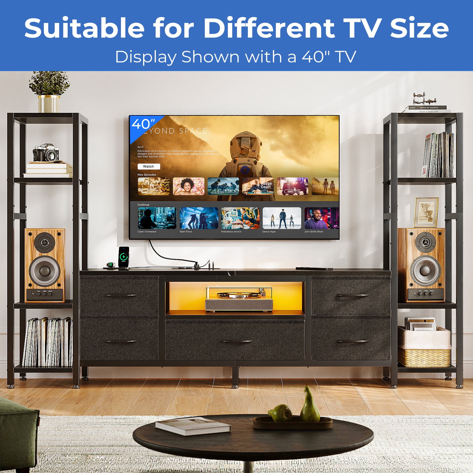 Casacomoda TV Stand up for 40–50 Inch TV, Low-Profile Entertainment Center for Small Spaces with LED Lights & Power Outlets, Storage TV Stand with Drawers & Shelves, Black