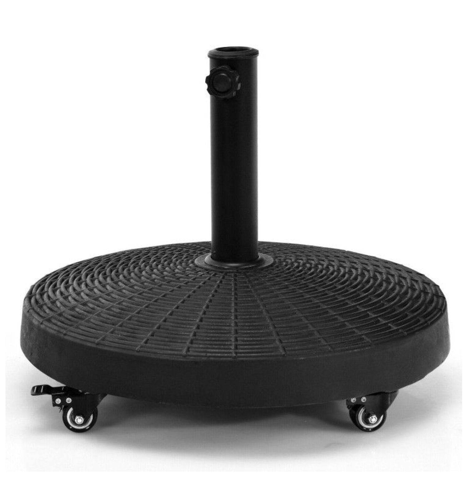 50 LBS Umbrella Base, Patio Resin Wicker Stand with Wheels - Heavy Duty Outdoor Umbrella Holder for Backyard, Poolside, 1.5"/1.9" Pole