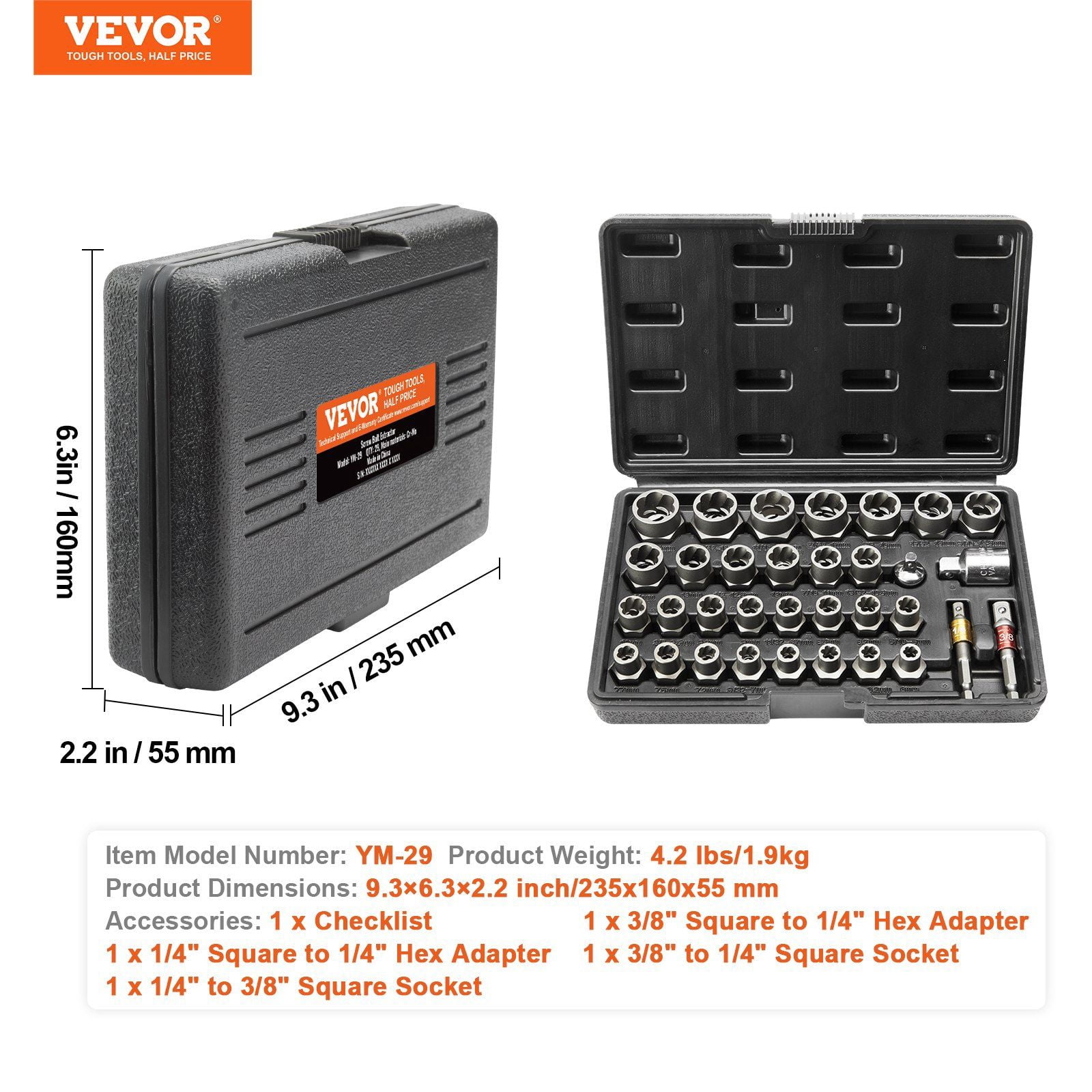 29-PC Bolt Nut Remover Set, CR-MO Extraction Sockets (6mm-10mm), for Stripped/Rusted Screws w/ Storage Case