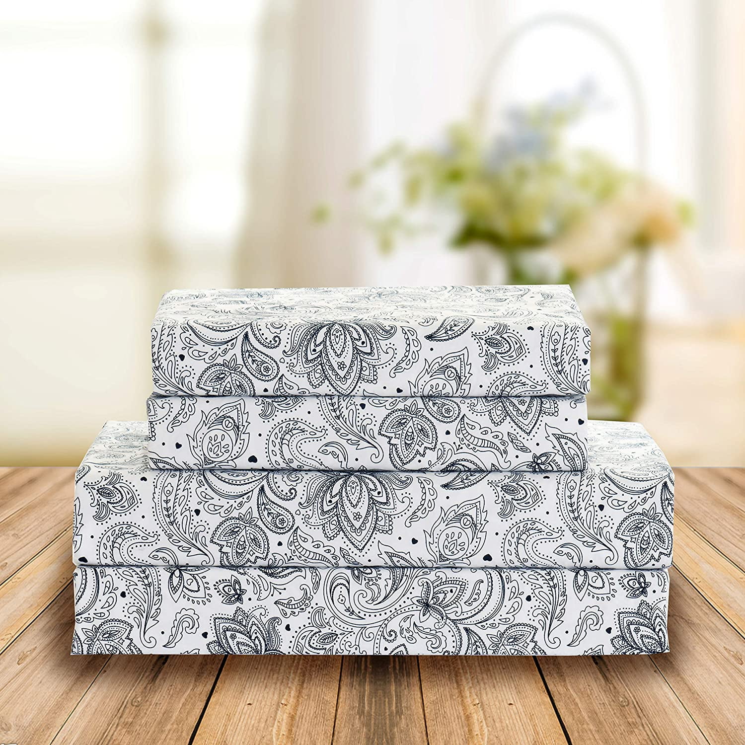 3-Piece Duvet Set, Paisley Design, Comforter Cover with Corner Ties & Button Closure, Full/Queen, Navy Blue